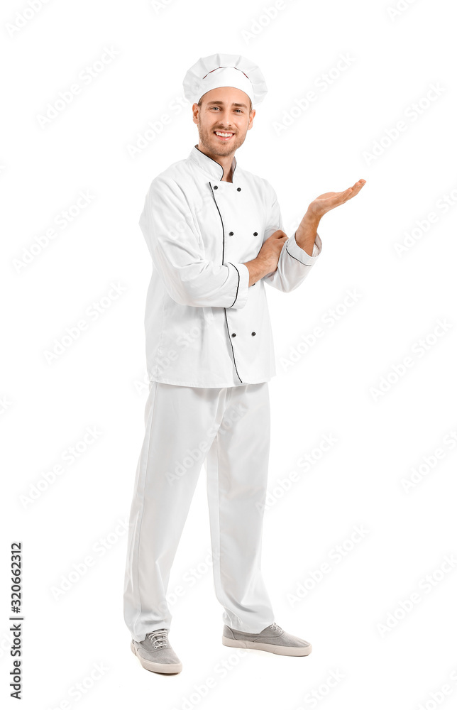 Handsome male chef showing something on white background