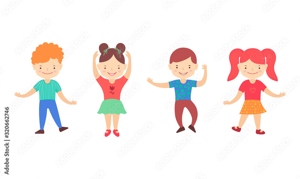 Cute cartoon children girls and boys. Happy childhood. Vector clipart illustration isolated on white background Cute cartoon children girls and boys. Happy childhood. Vector clipart illustration isolated on white background