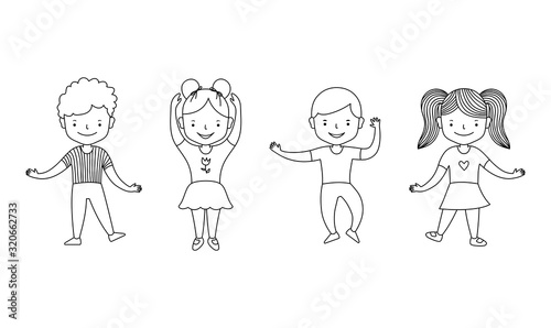 Cute cartoon children girls and boys. Happy childhood. Black line on white background. Vector illustration for coloring book