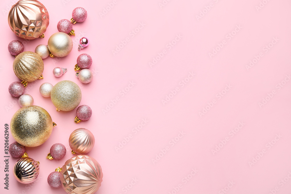 Beautiful Christmas balls on pink background Beautiful Christmas balls on pink background