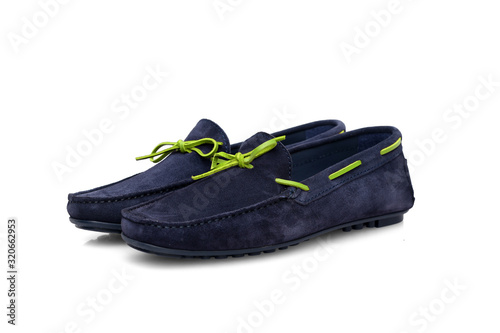 Male blue and green leather shoe on white background, isolated product.