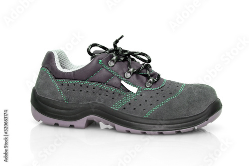 Safety shoes white background, Isolated product.