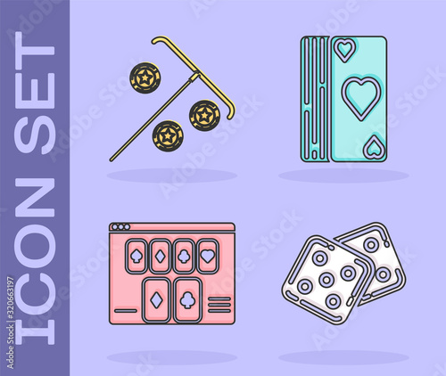 Set Game dice, Stick for chips, Online poker table game and Deck of playing cards icon. Vector