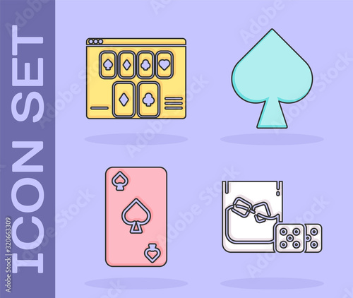 Set Game dice and glass of whiskey with ice cubes, Online poker table game, Playing card with spades symbol and Playing card with spades symbol icon. Vector