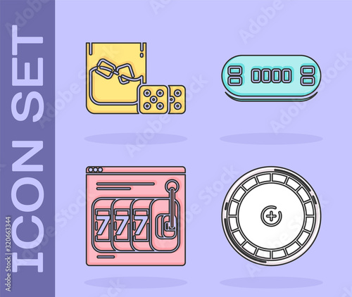 Set Casino roulette wheel, Game dice and glass of whiskey with ice cubes, Online slot machine with lucky sevens jackpot and Poker table icon. Vector