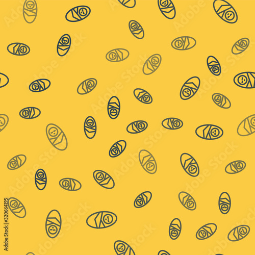 Blue line Newborn baby infant swaddled or swaddling icon isolated seamless pattern on yellow background. Baby kid child wrapped in blanket clothes. Vector Illustration