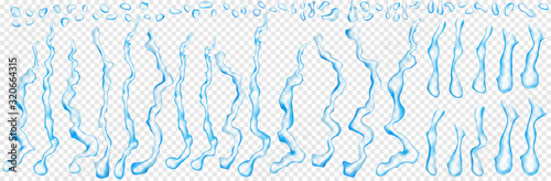 Set of translucent drops and streaks of water in blue colors in various shapes, isolated on transparent background. Transparency only in vector format