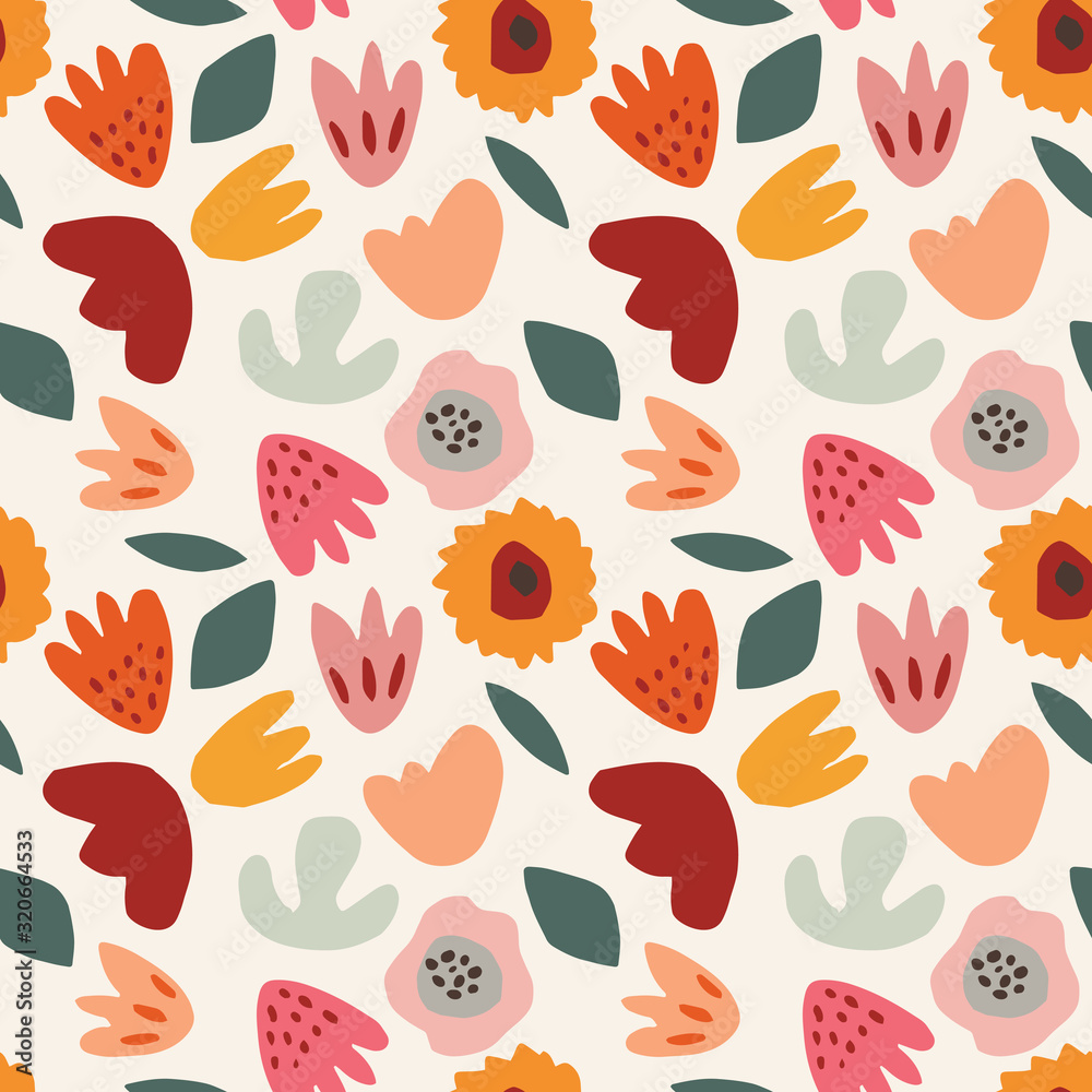 Abstract floral seamless pattern. Hand drawn colorful flowers, plants, leaves. Botany spring, summer set. Modern cut out design. Flat style isolated floral elements. Vector illustration background.