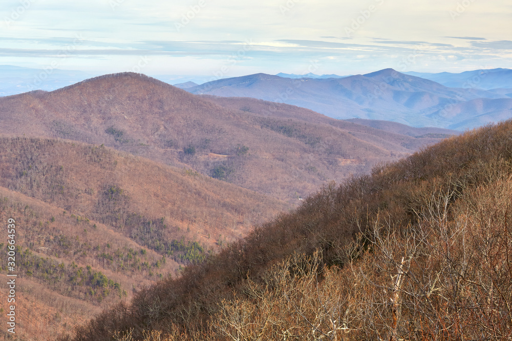 View of Highcock Knob, Rocky Row and Bluff Mountain from a hiking trail in the Blue Ridge mountains near Glasgow, Virginia