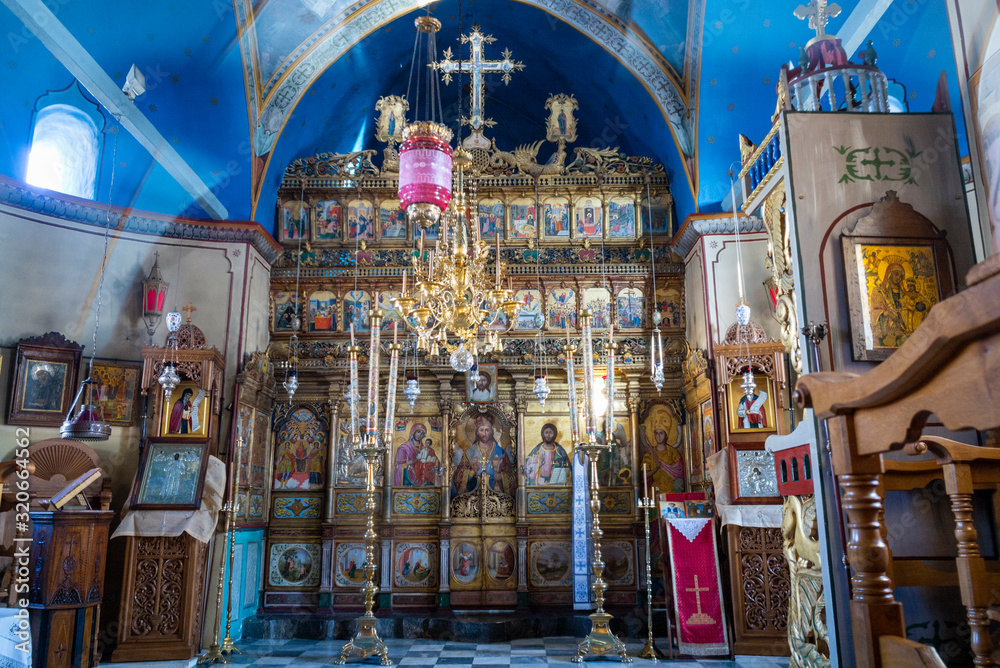 Fototapeta premium Interior of remote Christian monastery in Hydra, Greece on mountain top