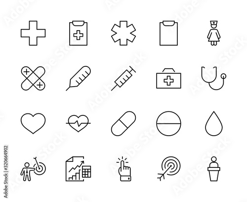 Set of Medicine vector line icons. It contains the first aid kit, nurse, syringe, thermometer, plastic, pills, heart, drop of blood, palpitation and much more. Editable Stroke. 32x32 pixels.