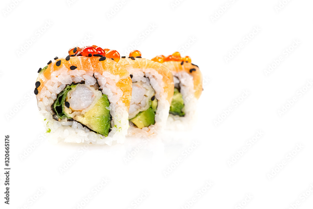 traditional japanese food sushi. tempura sushi maki with shrimp and avocado isolated on white background traditional japanese food sushi. tempura sushi maki with shrimp and avocado isolated on white background