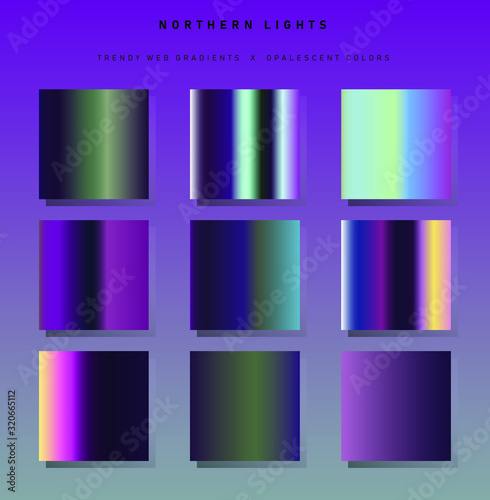 Set of trendy chromatic gradient swatches. Holographic gradient collection for web design and art.