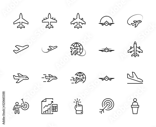 Set of Plane vector line icon. It contains symbols to aircraft  globe and more. Editable Stroke. 32x32 pixels.