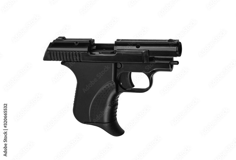 Small black modern pistol. Ladies' pistol. Weapons for hidden wearing.