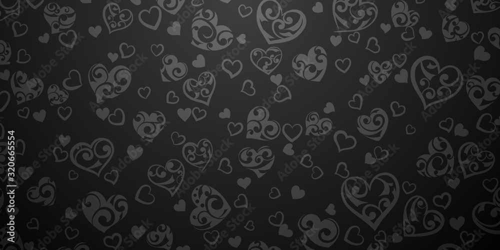 Background of big and small hearts with ornament of curls, in black colors