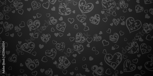 Background of big and small hearts with ornament of curls, in black colors