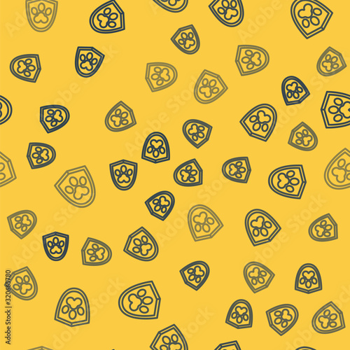 Blue line Animal health insurance icon isolated seamless pattern on yellow background. Pet protection icon. Dog or cat paw print. Vector Illustration