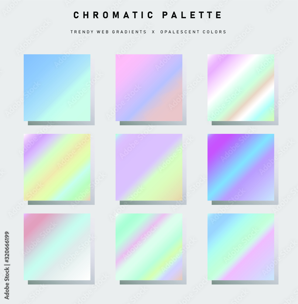 Set of trendy pastel swatches. Holographic gradient collection for web design and art.
