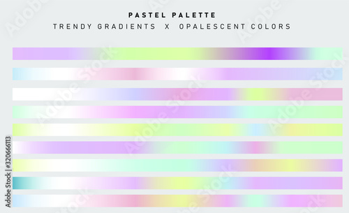 Set of trendy pastel swatches. Holographic gradient collection for web design and art.