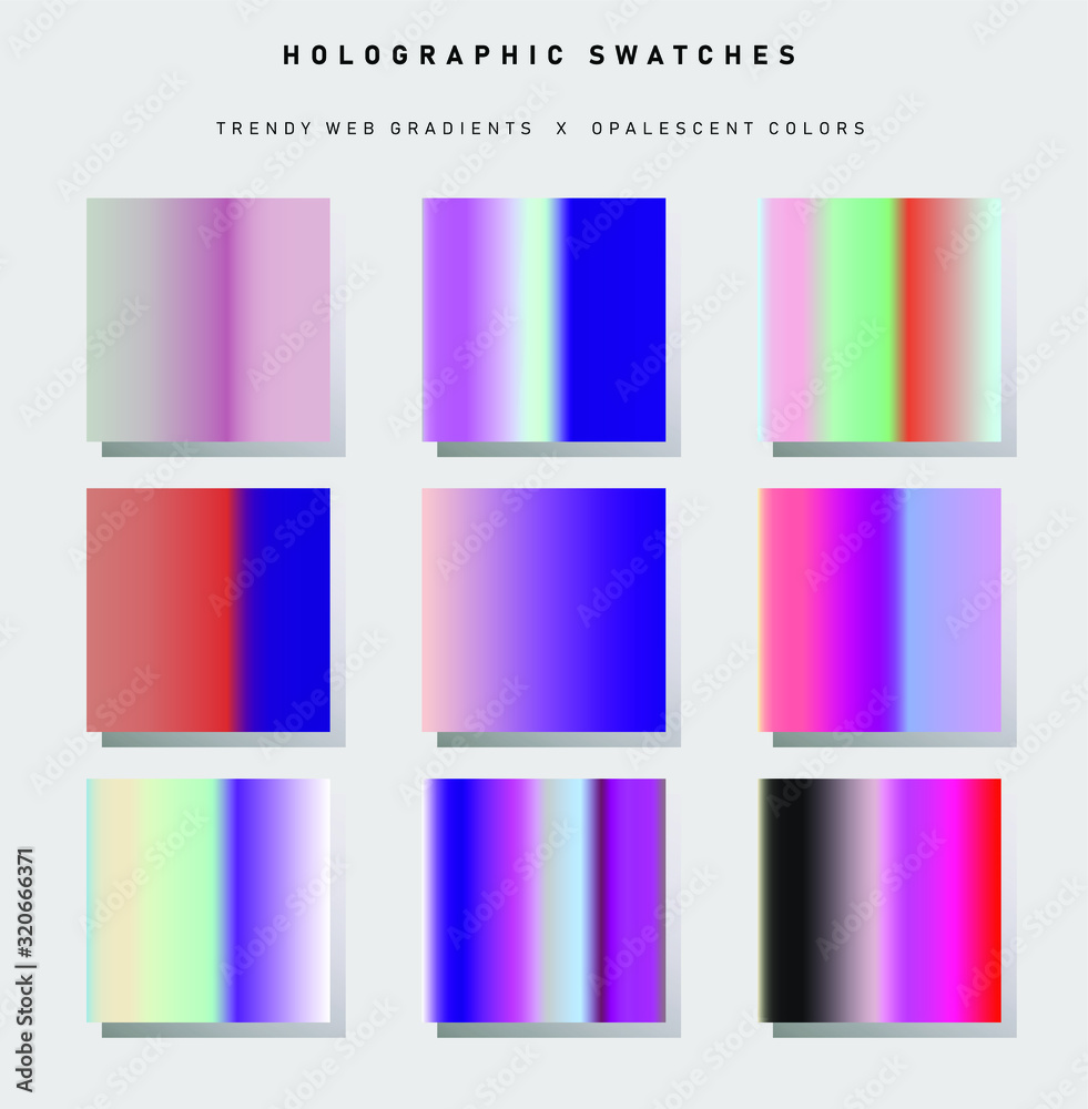 Big set of trendy holographic gradient swatches. Opalescent neon gradient collection for web design and art.