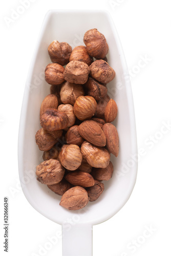 hazelnuts in a sppon isolated on white background