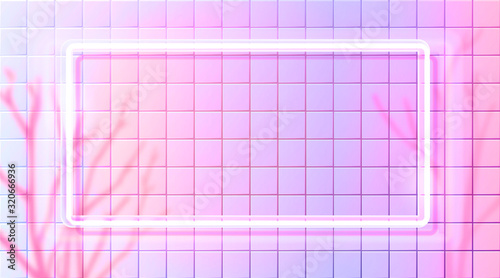 Pink neon rectangle frame on white tiles wall. Bright background with naked trees shadow overlay. Banner vector design