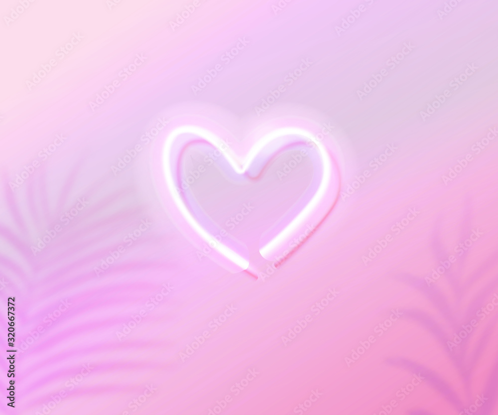 Neon heart glowing on pink gradient background with tropic leaves shadow overlay. Valentine's day element. Trendy greeting card design