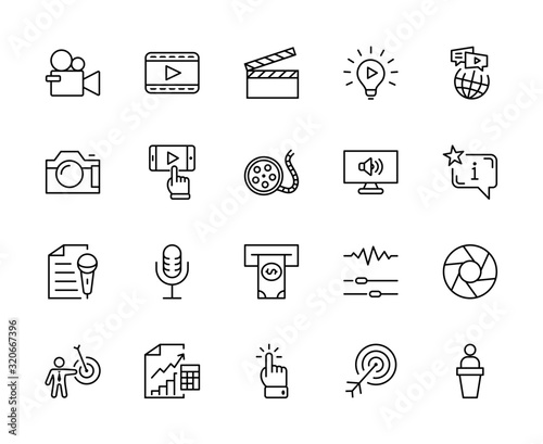 International Film Day Set Line Vector Icons. Contains such Icons as Clapperboard, Camera, Video, Play, Film, Lens, Microphone, Media settings and more. Editable Stroke. 32x32 Pixels
