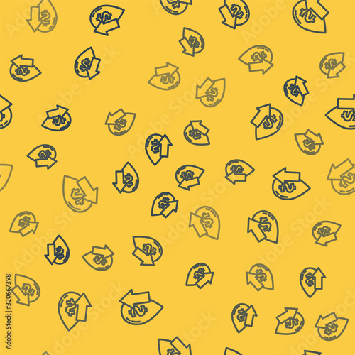 Blue line Drop in crude oil price icon isolated seamless pattern on yellow background. Oil industry crisis concept. Vector Illustration