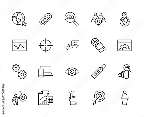 Set of SEO Related Vector Line Icons. Contains such Symbols as Web icon, Eye, Localization, Link, Traffic, Translate, Performance Tracking, Point and more. Editable Stroke. 32x32 Pixels