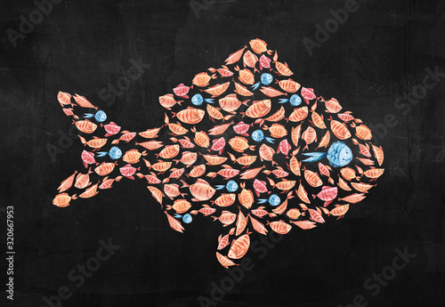 Photography Hand painted watercolor cute sea clipart in shape of fish on chalk board