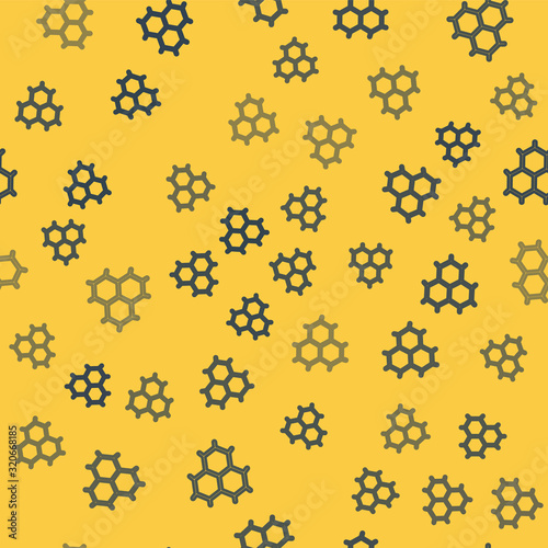 Blue line Chemical formula consisting of benzene rings icon isolated seamless pattern on yellow background. Vector Illustration