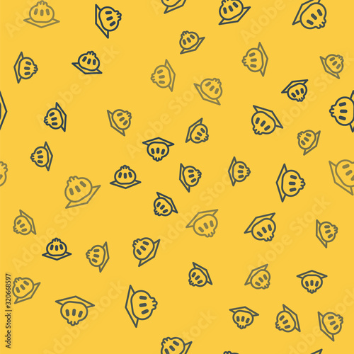 Blue line Khinkali on cutting board icon isolated seamless pattern on yellow background. Traditional georgian dumpling. Vector Illustration