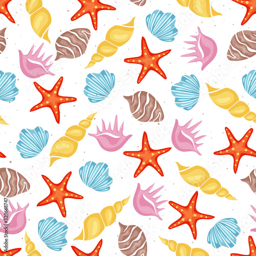 Summer sea seamless pattern with various sea shells on white background