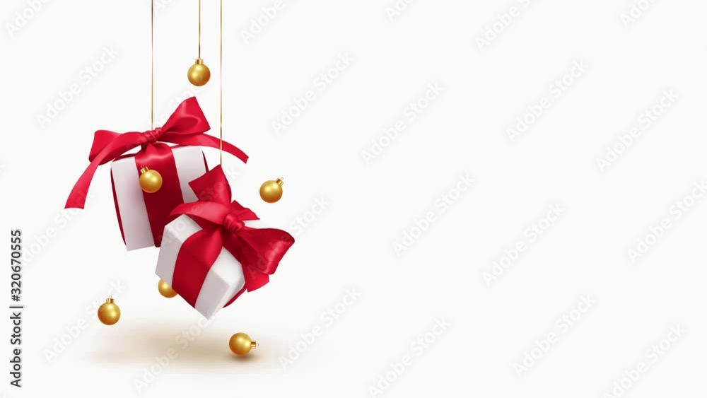 Realistic white gifts box with red bow, hang on ribbon with golden balls. Xmas present, gift boxes surprise. Golden Christmas baubles. Merry Christmas and Happy New Year. Alpha channel
