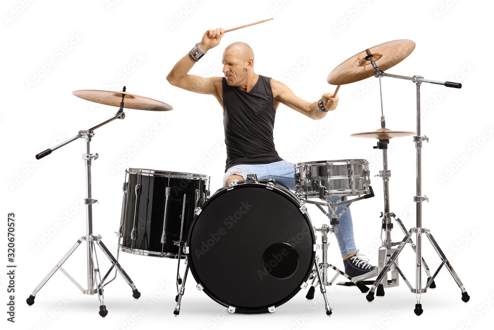 Fototapeta premium Bald man musician playing drums