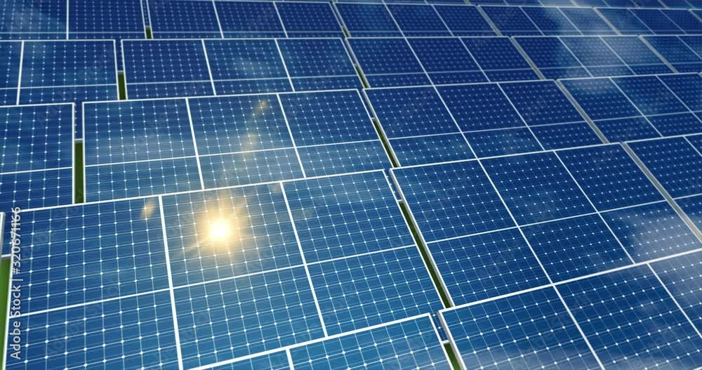 Aerial view of solar panels with sun reflection and sky in background. Green power, ecology and clean energy source concept. Photovoltaic cell loopable and seamless 3d rendering animation.