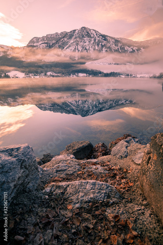 Alpine lake Grundlsee with fantastic reflection on the water surface in Winter © Maximilian