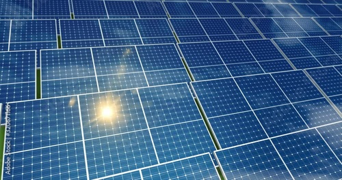 Aerial view of solar panels with sun reflection and sky in background. Green power, ecology and clean energy source concept. Photovoltaic cell loopable and seamless 3d rendering animation.