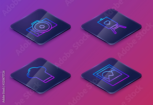 Set Isometric line Photo camera, Chef hat, Wood easel or painting art boards and Photo frames. Blue square button. Vector