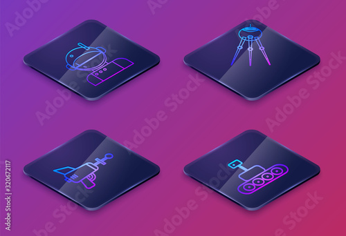 Set Isometric line Astronaut, Ray gun, Satellite and Mars rover. Blue square button. Vector