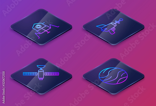 Set Isometric line Mars rover, Satellite, Ray gun and Planet. Blue square button. Vector