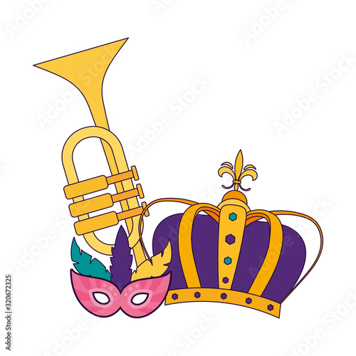 Isolated mardi gras mask crown and trumpet vector design