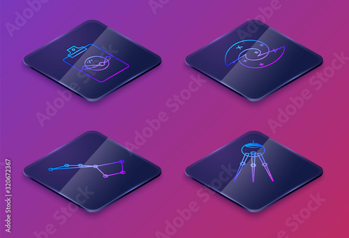 Set Isometric line Planet, Great Bear constellation, Black hole and Satellite. Blue square button. Vector