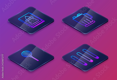 Set Isometric line Christmas book, Lollipop, Hot chocolate cup with marshmallows and Three rolled sticks of cinnamon. Blue square button. Vector