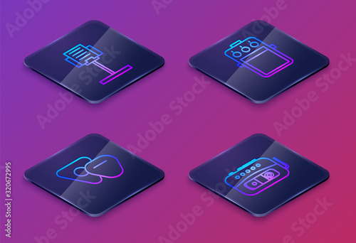 Set Isometric line Music stand, Guitar pick, Guitar pedal and Music tape player. Blue square button. Vector