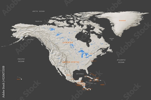 political map of north america on a dark background with terrain relief