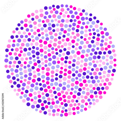 Circle shape made with pink and purple circles. Randomly placed dots of pink and purple color forming a circular and spotted area. Isolated illustration on white background. Vector.