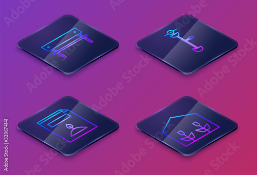 Set Isometric line Bench, A pack full of seeds of a specific plant, Grass and weed electric string trimmer and Home greenhouse and plants. Blue square button. Vector